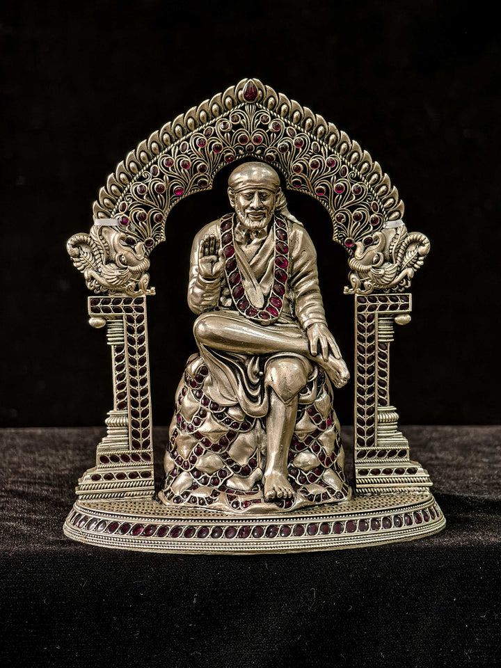 Pure 92.5 Silver Sai Baba 2D Idol With Red Kemp Stone And Peacock Arch Detailing