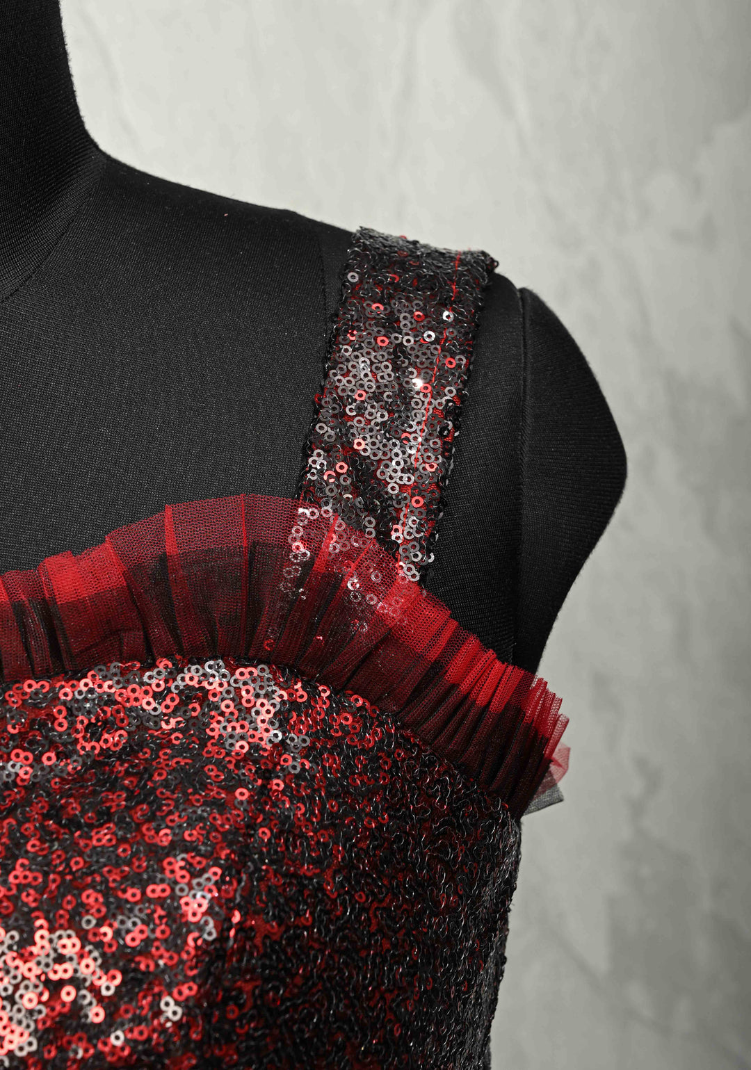 SIZE 36" Red & Black Sequin Corset Strappy Crop Top Blouse with Ruffled 3D Flower Detail and Lace-Up Back