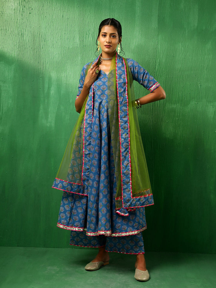 ADAA LOTUS BLUE COTTON ANARKALI SET | SHOBITAM