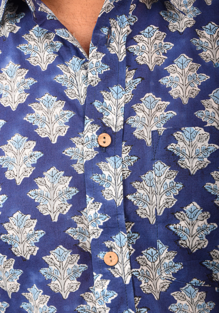 Blue White Bagru Handblock Printed Cotton Mens Shirt Heer