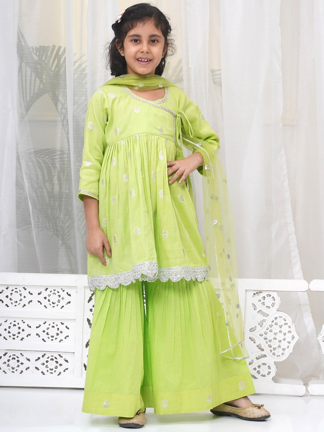 Girls Cotton Three Fourth Sleeves Angrakha Kurta with Sharara and Net Dupatta with Rose & Petal Design Zari Work -Green | SHOBITAM