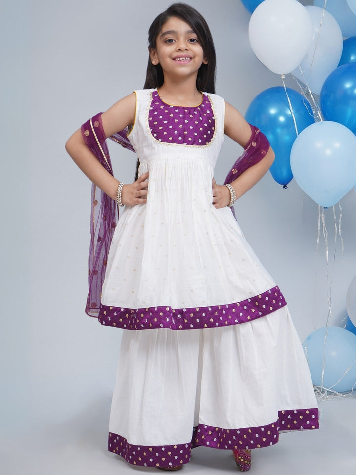 Girls White & Purple Chanderi Semi-Silk Kurta Sharara Set with Dupatta and Cotton Lining | SHOBITAM