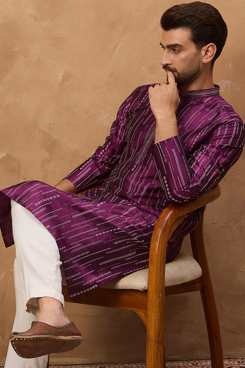 Purple Silk Blend Geometric Printed Straight Kurta | SHOBITAM