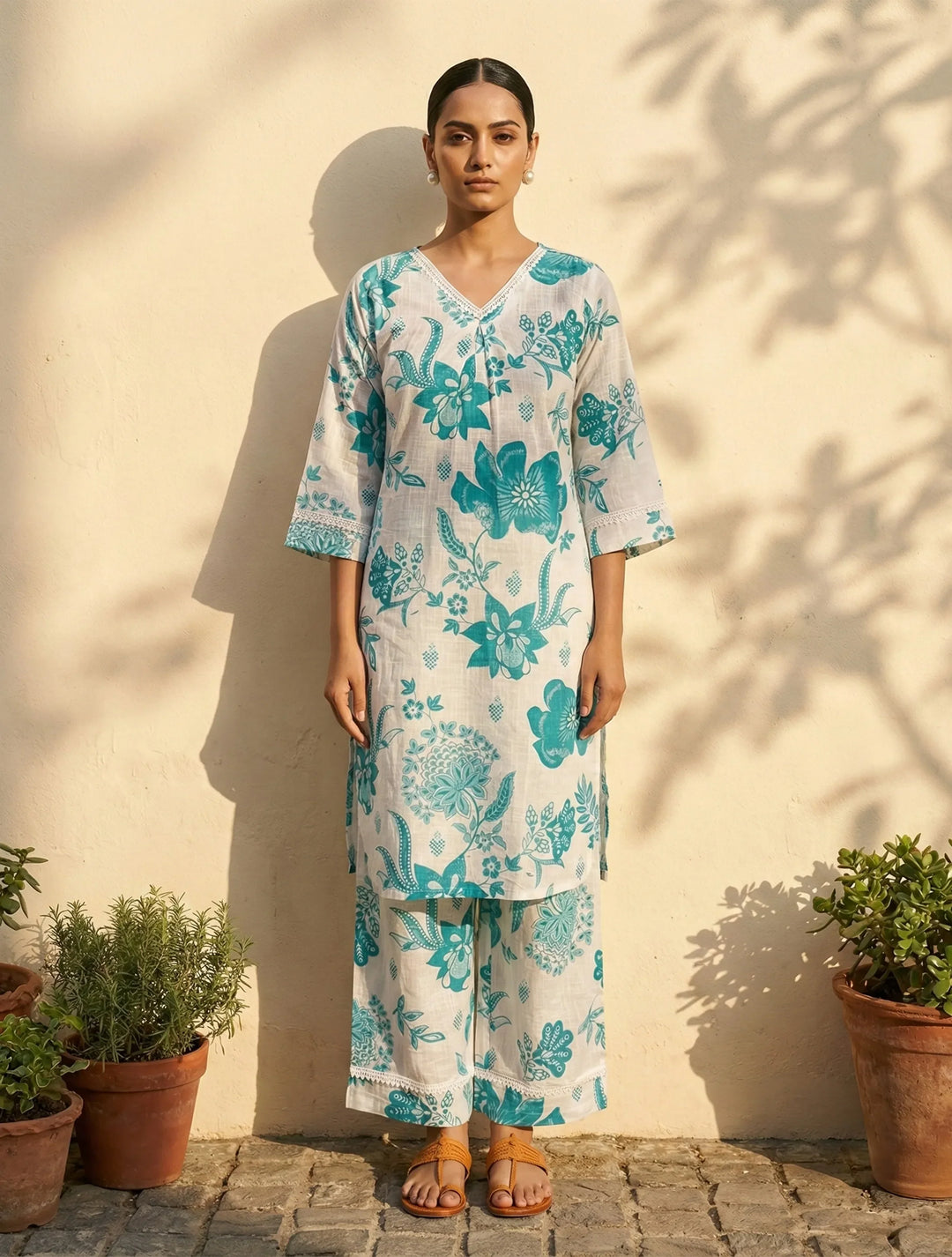 White Blue Floral Print Kurta Pant Set | SHOBITAM