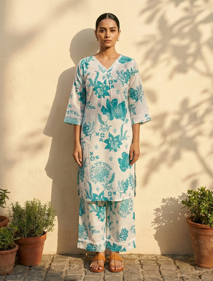 White Blue Floral Print Kurta Pant Set | SHOBITAM