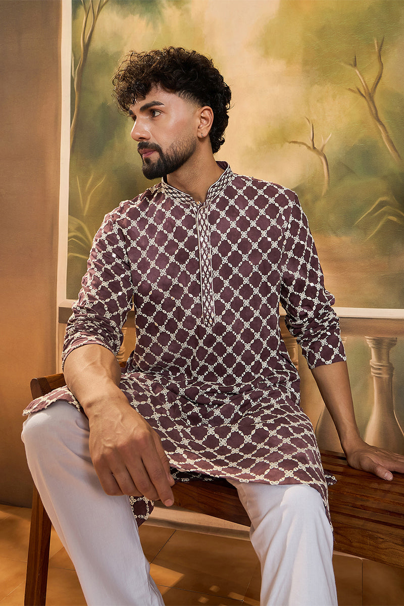 Dusty Purple Silk Blend Embroidered Straight Kurta With Trousers | SHOBITAM