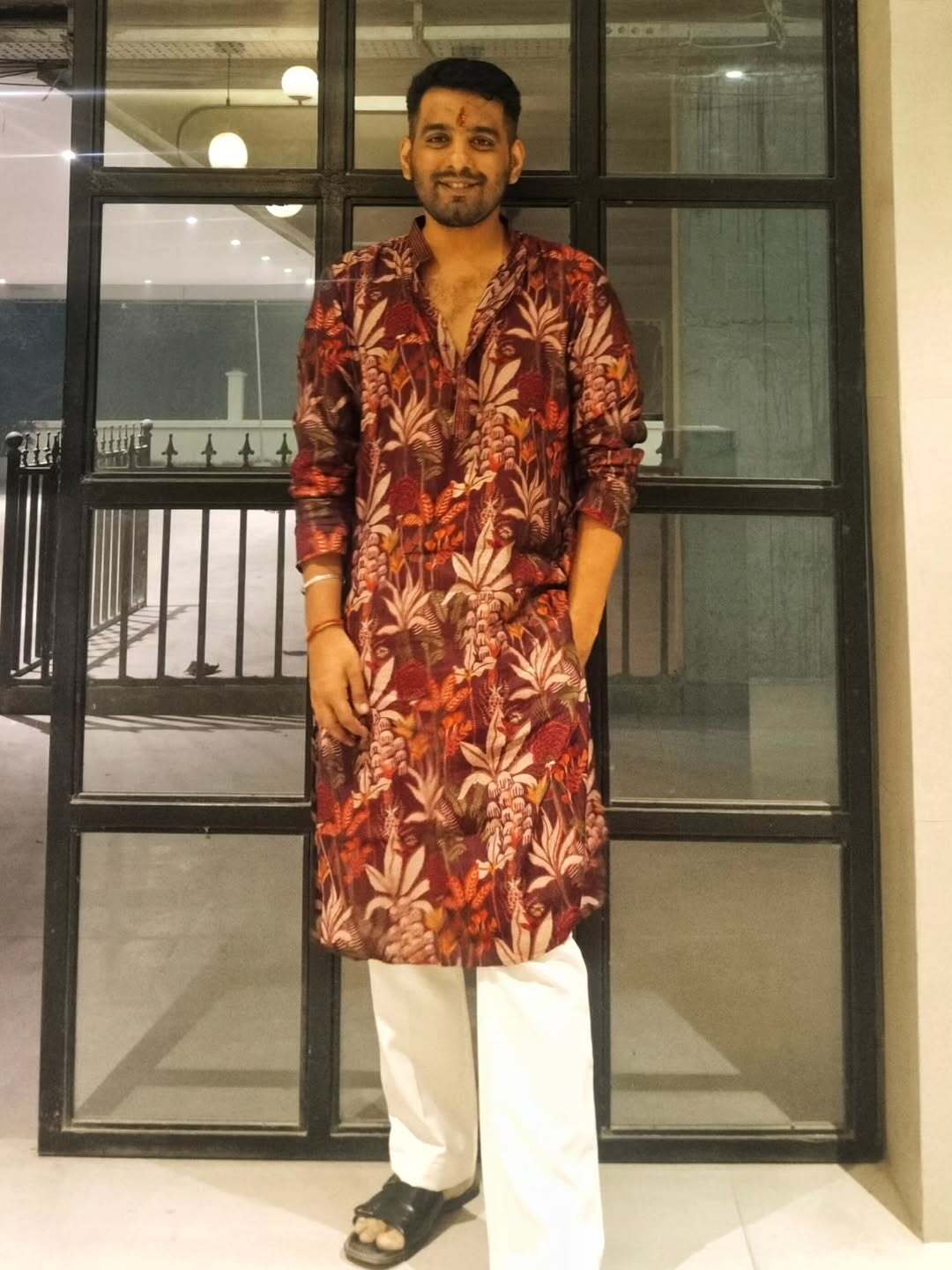 Maroon Silk Blend Kurta with Multicolor Floral Prints and Mandarin Collar | SHOBITAM