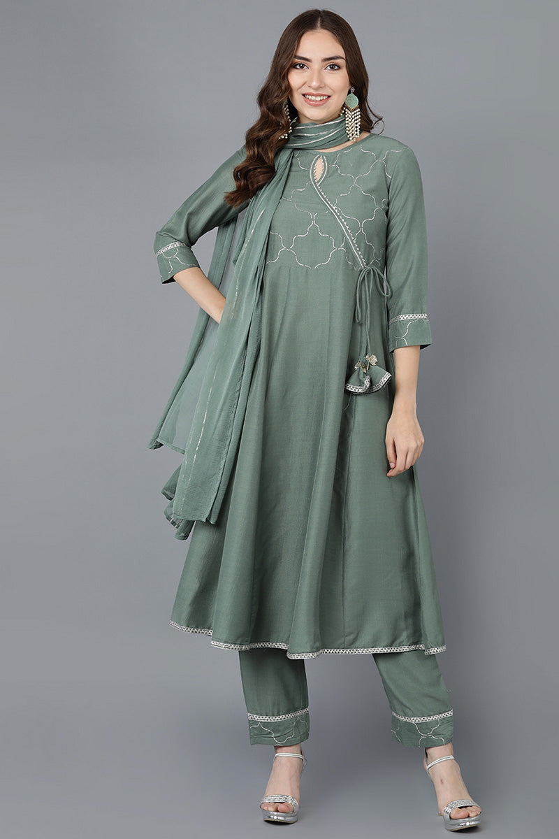 Teal Poly Silk Embroidered Kurta Trousers With Dupatta  | SHOBITAM