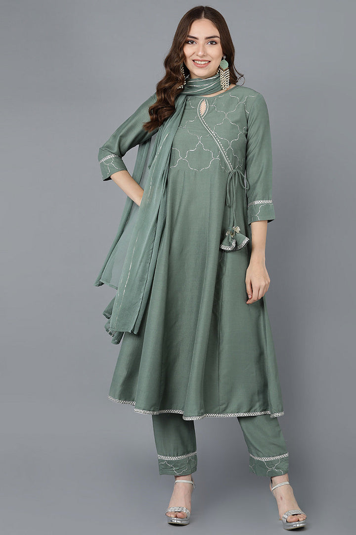 Teal Poly Silk Embroidered Kurta Trousers With Dupatta  | SHOBITAM