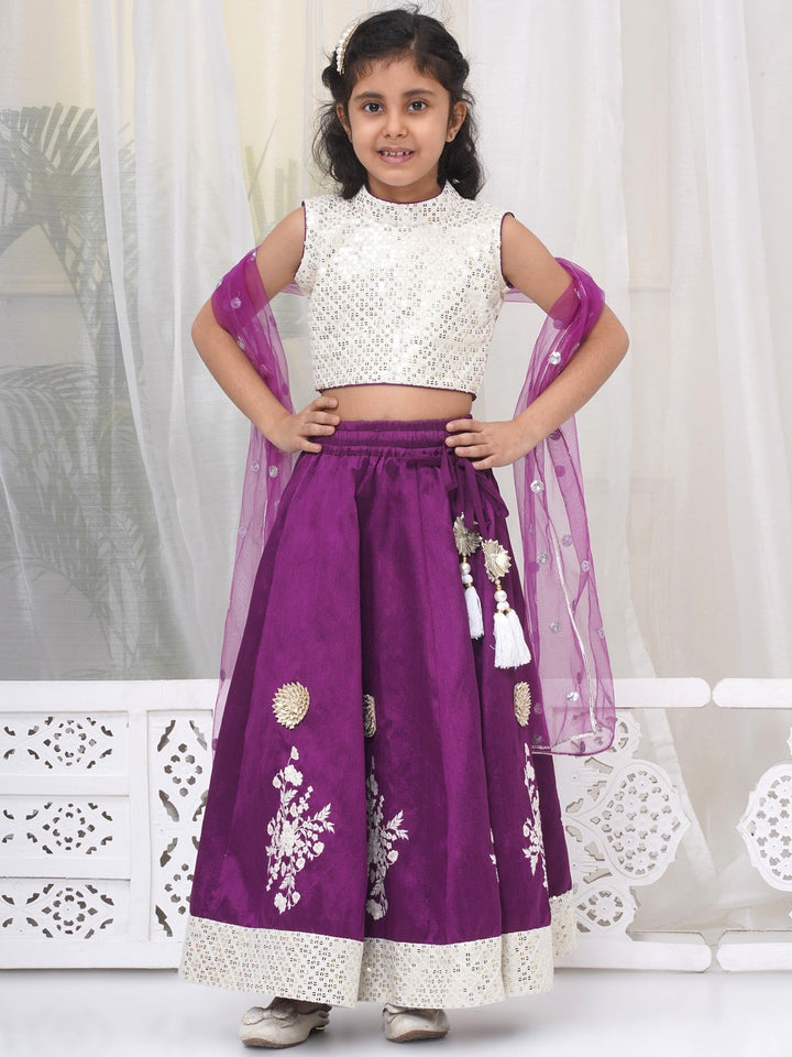 Girls Silk Brocade Kali Work Lehenga with Floral Thread Work & Sequin work Sleeveless Blouse with Dupatta - Purple | SHOBITAM