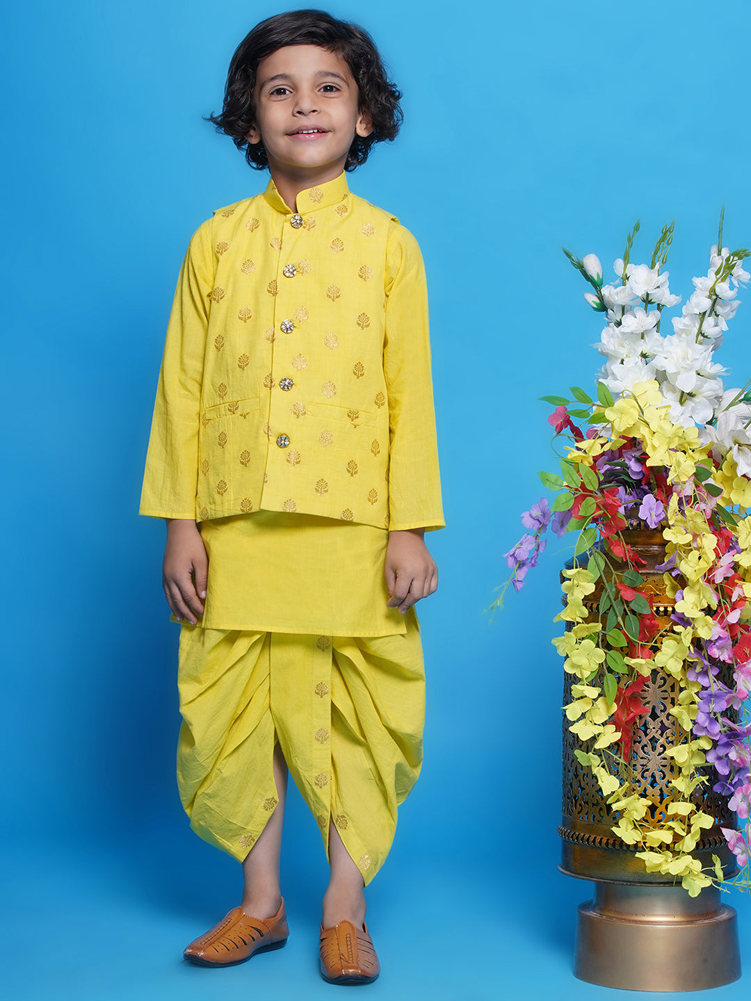 Cotton Sleevelees Golden Floral Embrodiery Nehru Jacket with Kurta and Dhoti - Kaccha Yellow | SHOBITAM