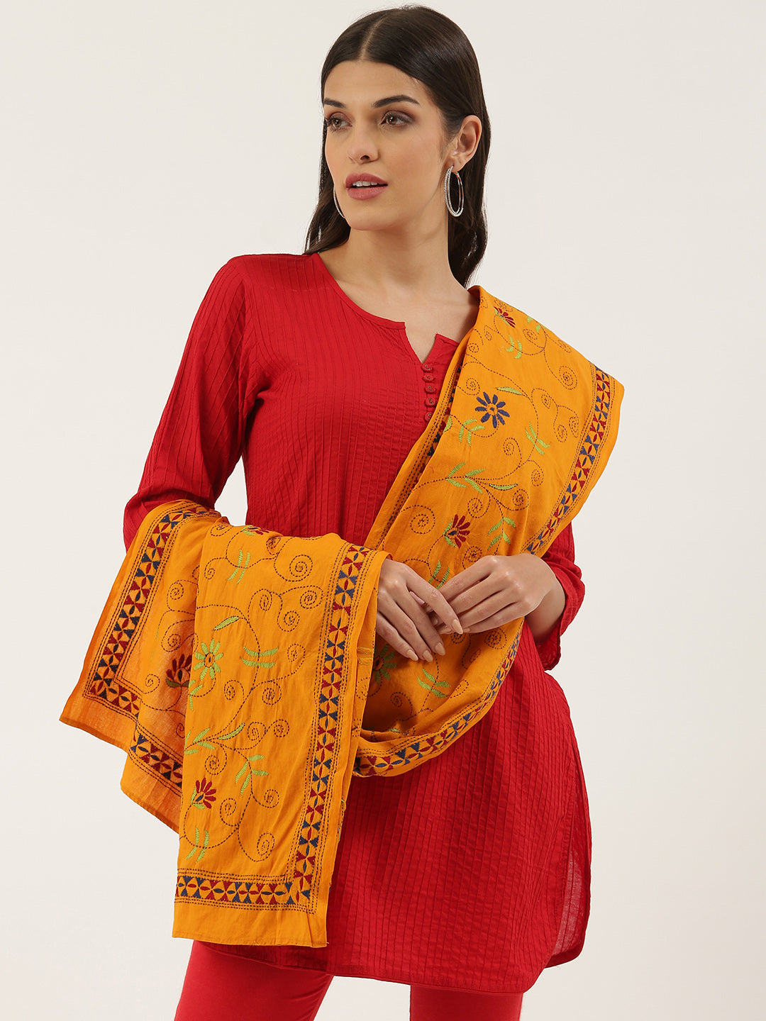 Yellow Kantha Embroidered Cotton Dupatta | SHOBITAM