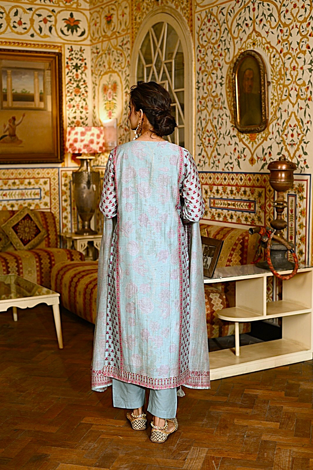 Blue Block Print Chanderi Suit- SET OF-3 | SHOBITAM