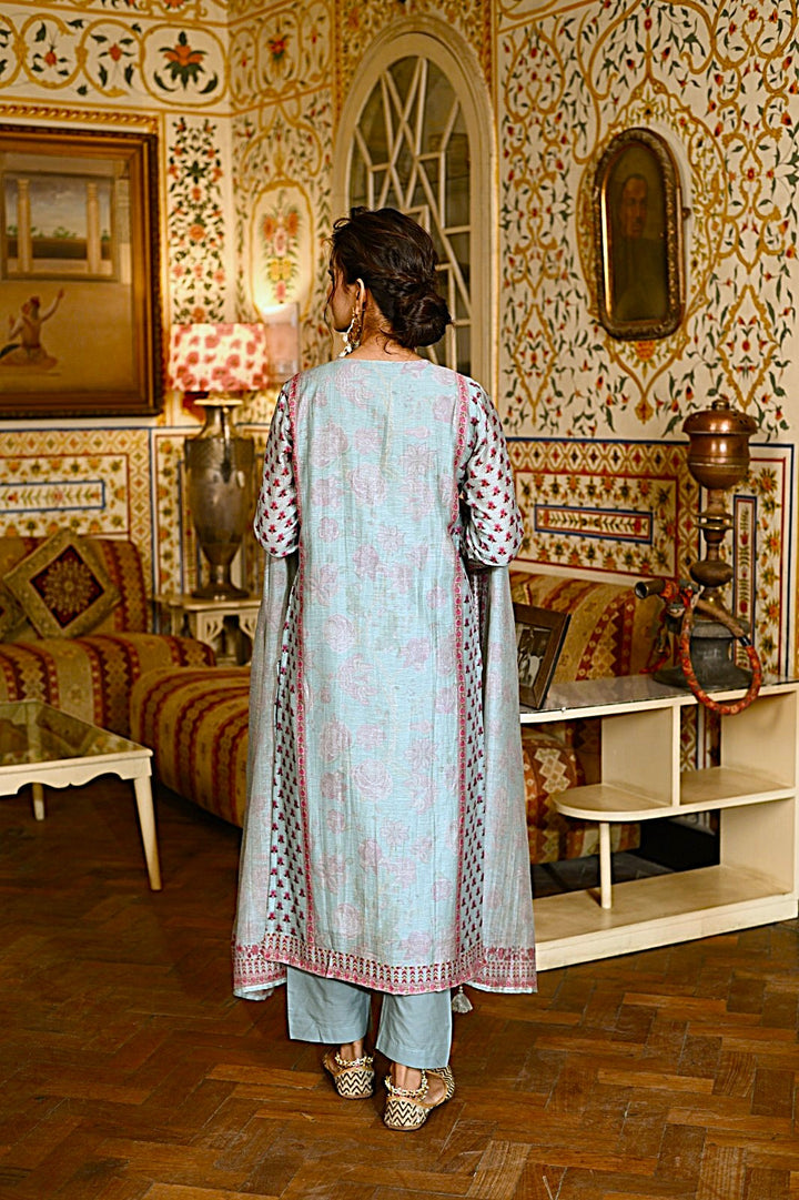 Blue Block Print Chanderi Suit- SET OF-3 | SHOBITAM