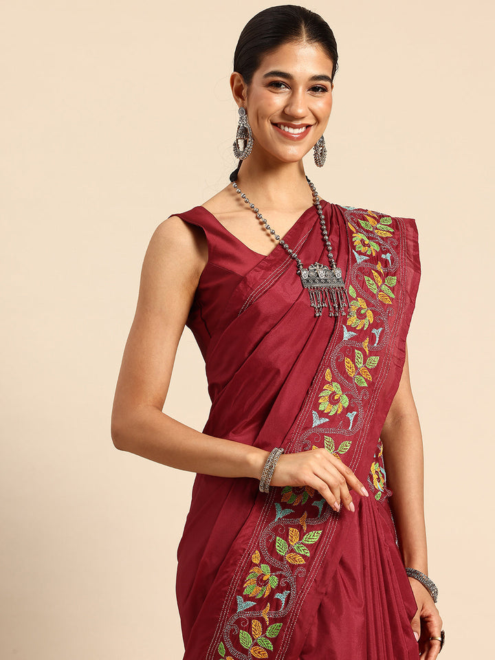 Red Bird Design Artsilk Kantha Saree with Blouse piece