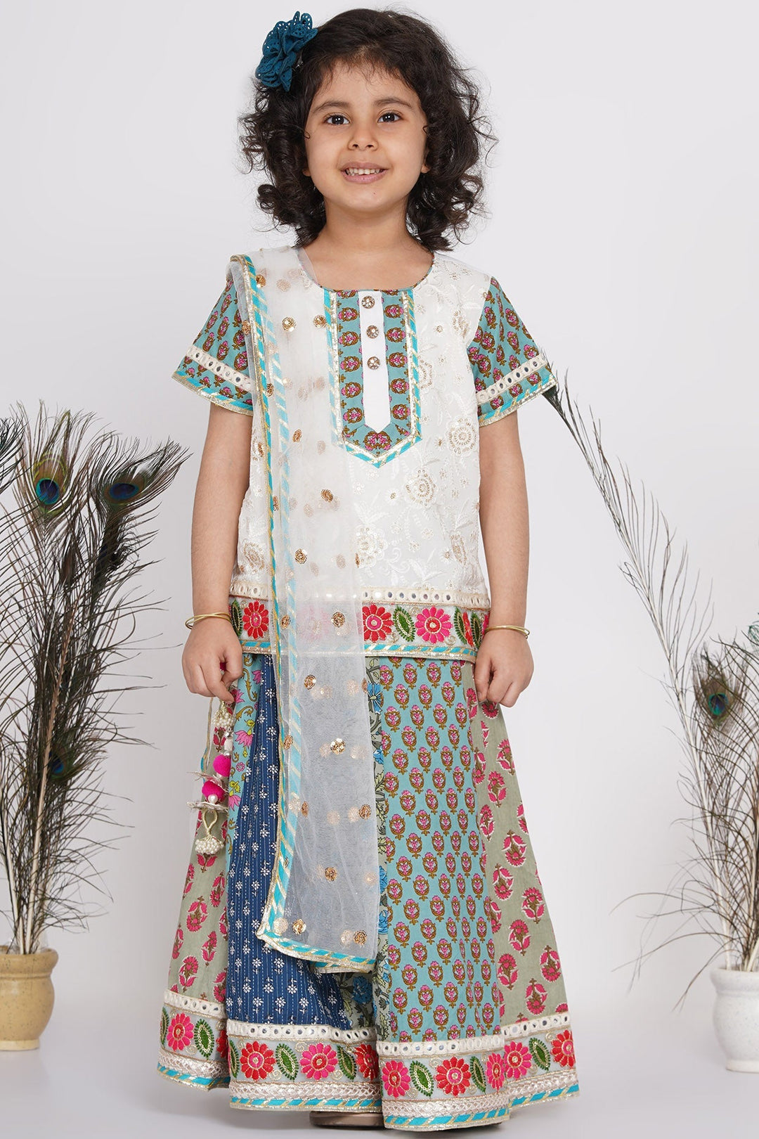 Girls Cotton Floral Embroidery Kurta with Kali Work Lehenga and Tussel work | SHOBITAM