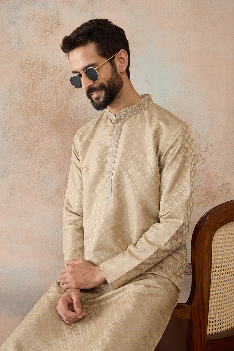 Mens Olive Jacquard Ethnic Motifs Embroidered Kurta | SHOBITAM