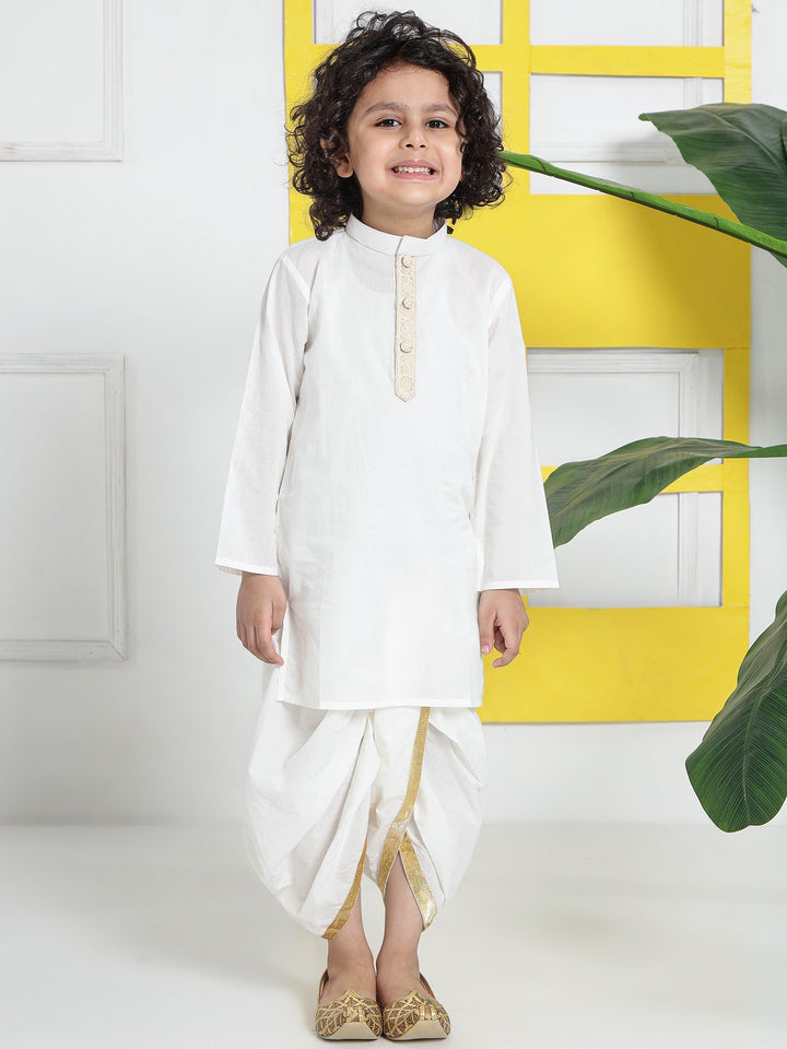 Cream Minimal Zari Embroidery Cotton Kurta Dhoti set | SHOBITAM