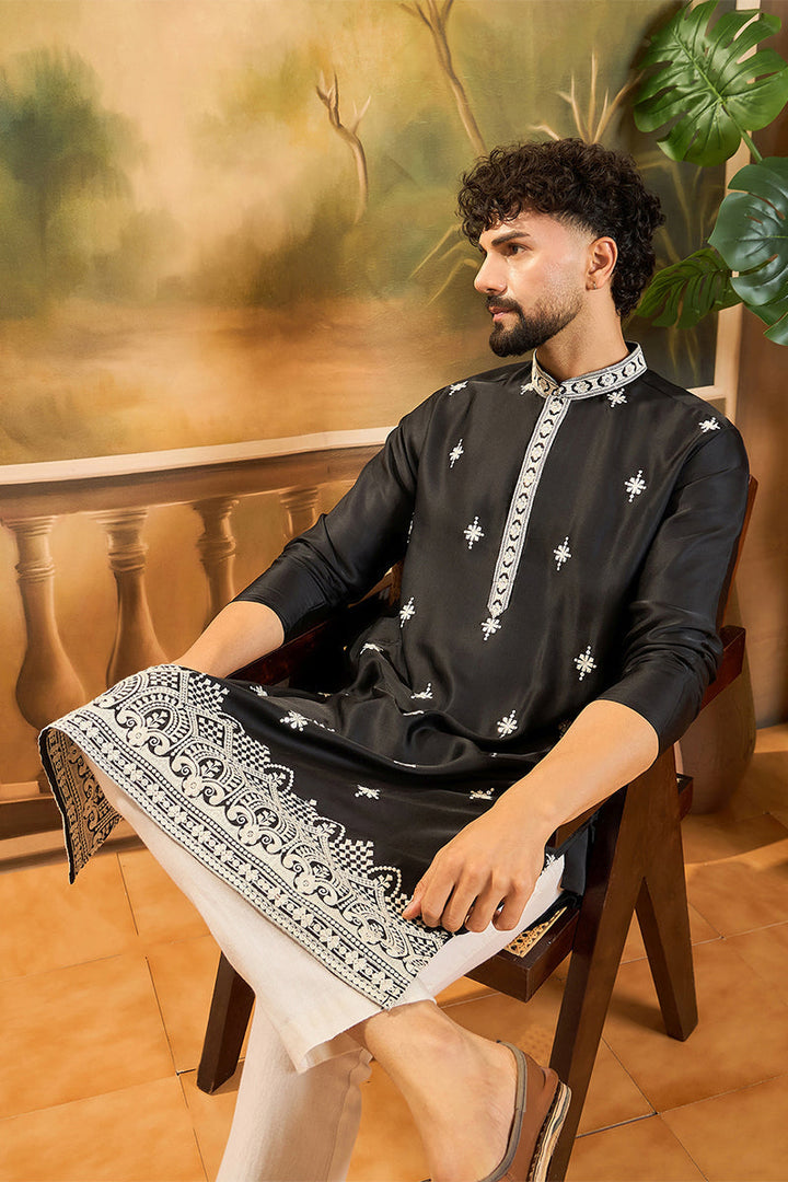 Black Silk Blend Solid Embroidered Straight Kurta | SHOBITAM