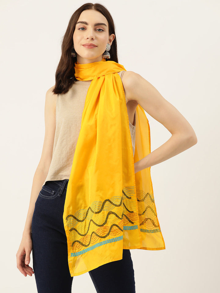 Yellow & Green Kantha Silk Stole | SHOBITAM