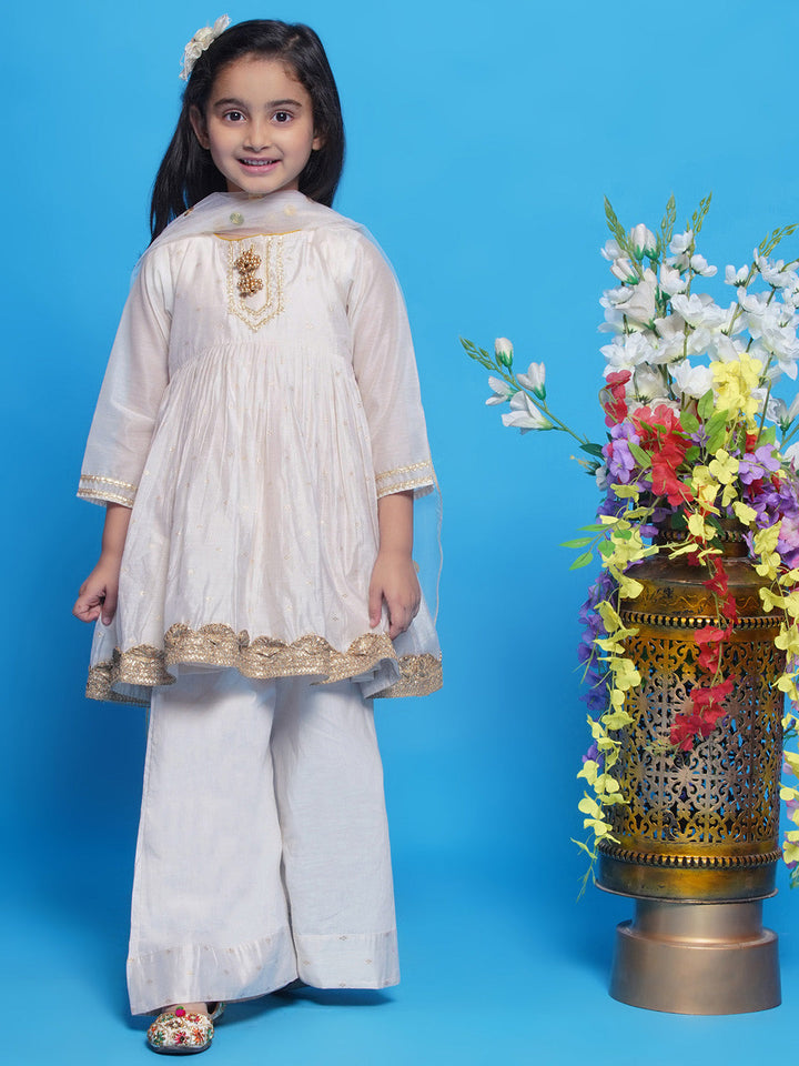 Girls Chanderi Cotton Three Fourth Sleeves Kurta Frock with Plazzo and Dupatta with Boota, Lace & Tussel work - Cream | SHOBITAM