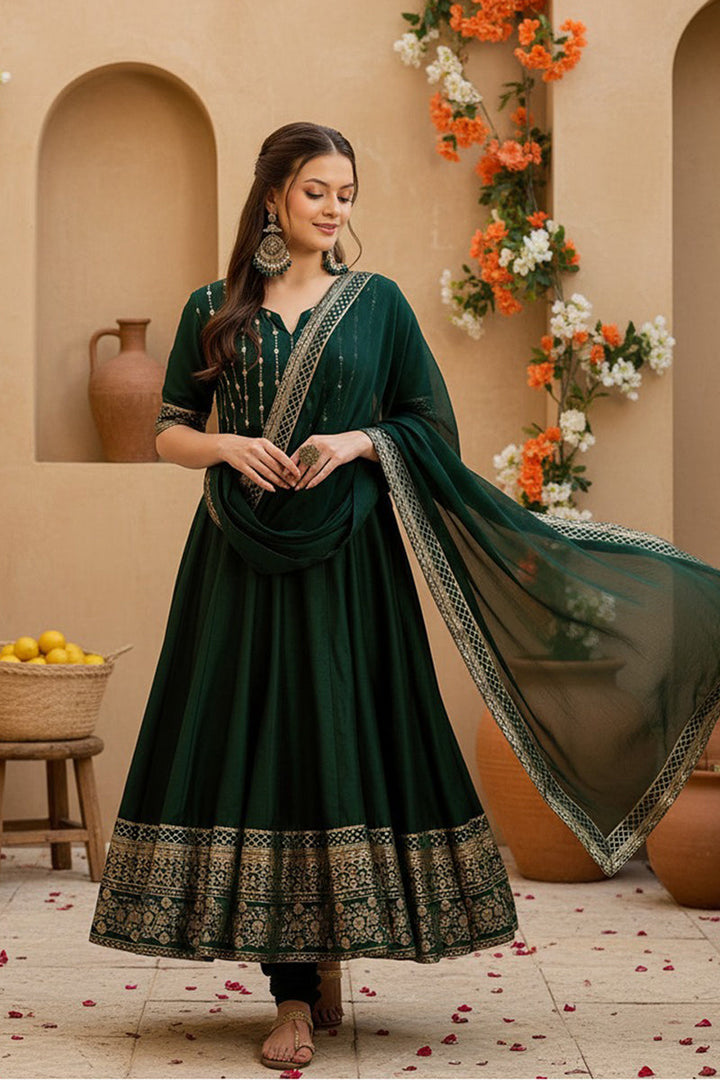 Green Silk Blend Woven Design Anarkali Suit Set | SHOBITAM