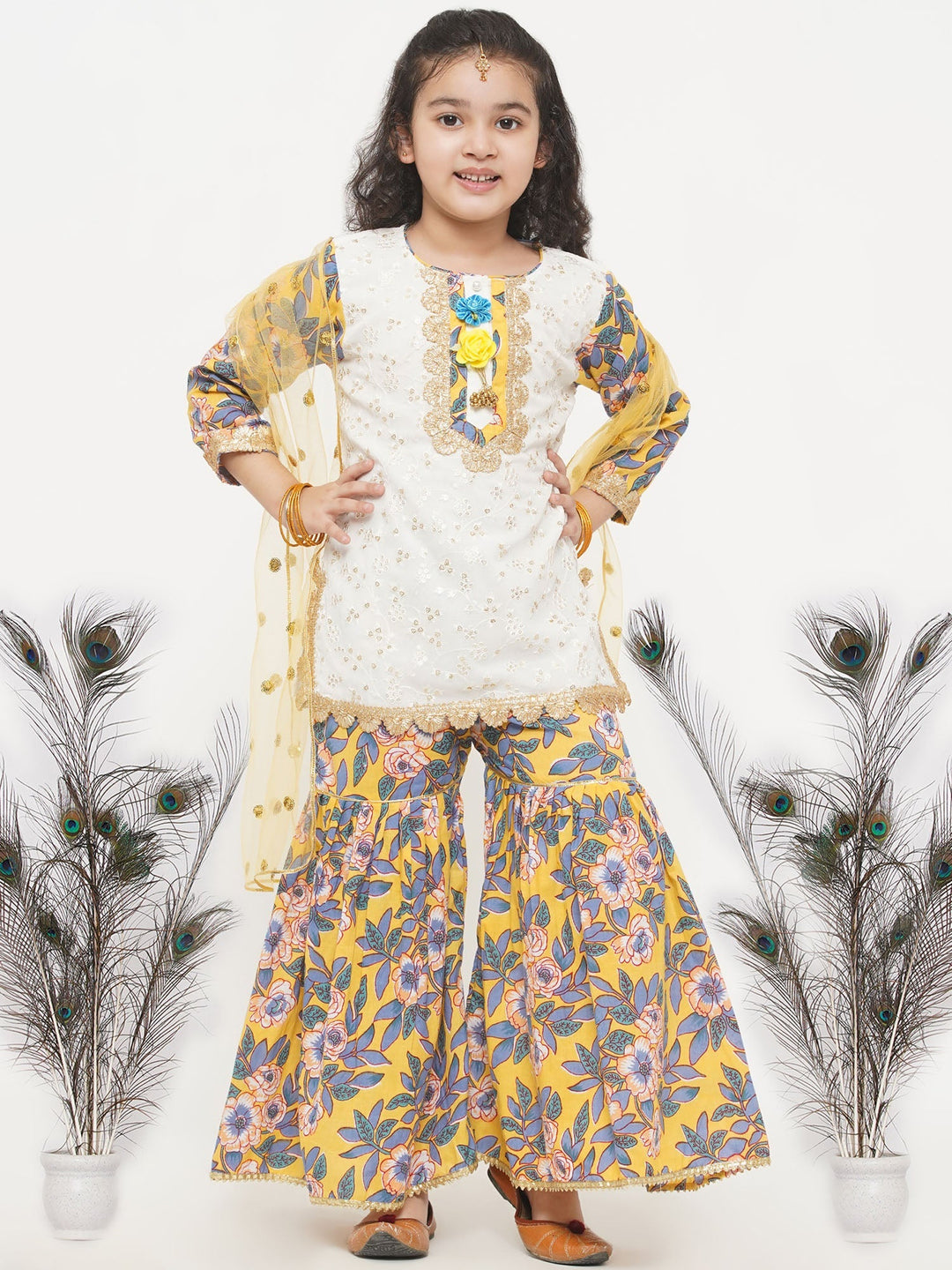 Girls Cotton Floral Embroidery Kurta with Floral Detailing and Floral Sharara | SHOBITAM