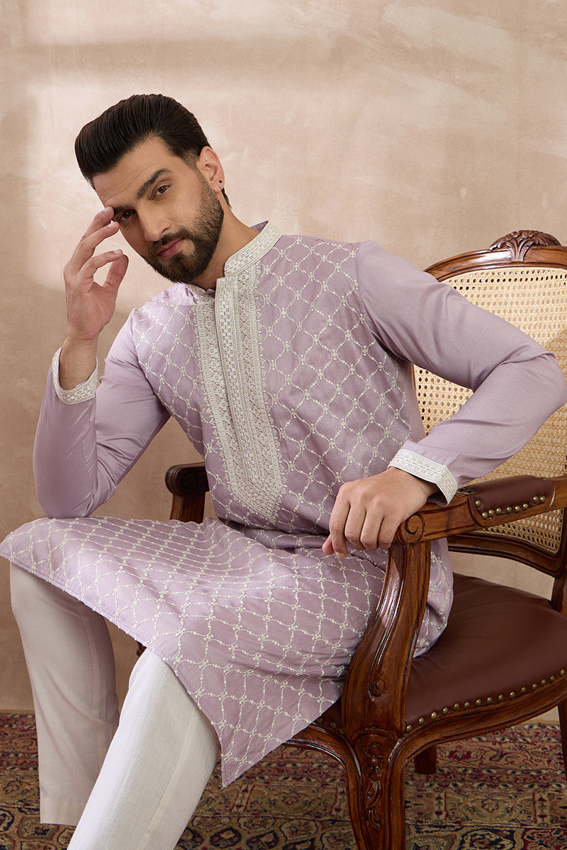 Lavender Silk Blend Embroidered Mandarin Collar Straight Kurta With Trouser | SHOBITAM