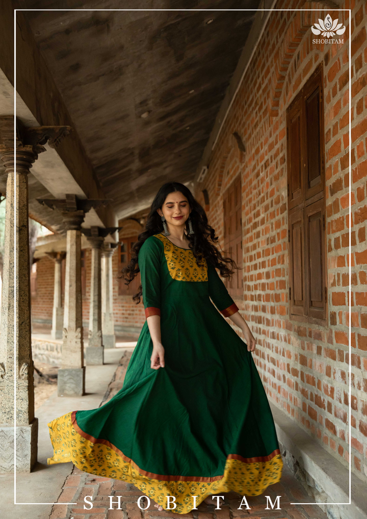 Saniya Emerald Green Kanchi Cotton Long Dress with Yellow Ajrakh Detailing | Shobitam Custom Gowns | Made To Order
