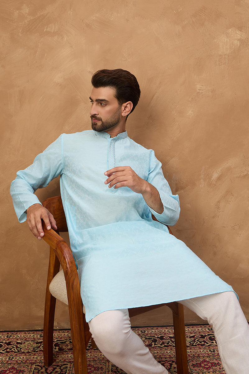Blue Silk Blend Solid Embroidered Straight Kurta | SHOBITAM