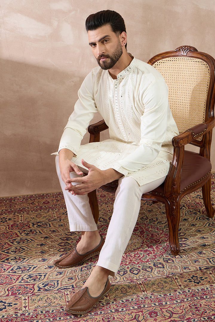 White Silk Blend Embroidered Mandarin Collar Straight Kurta For Men | SHOBITAM