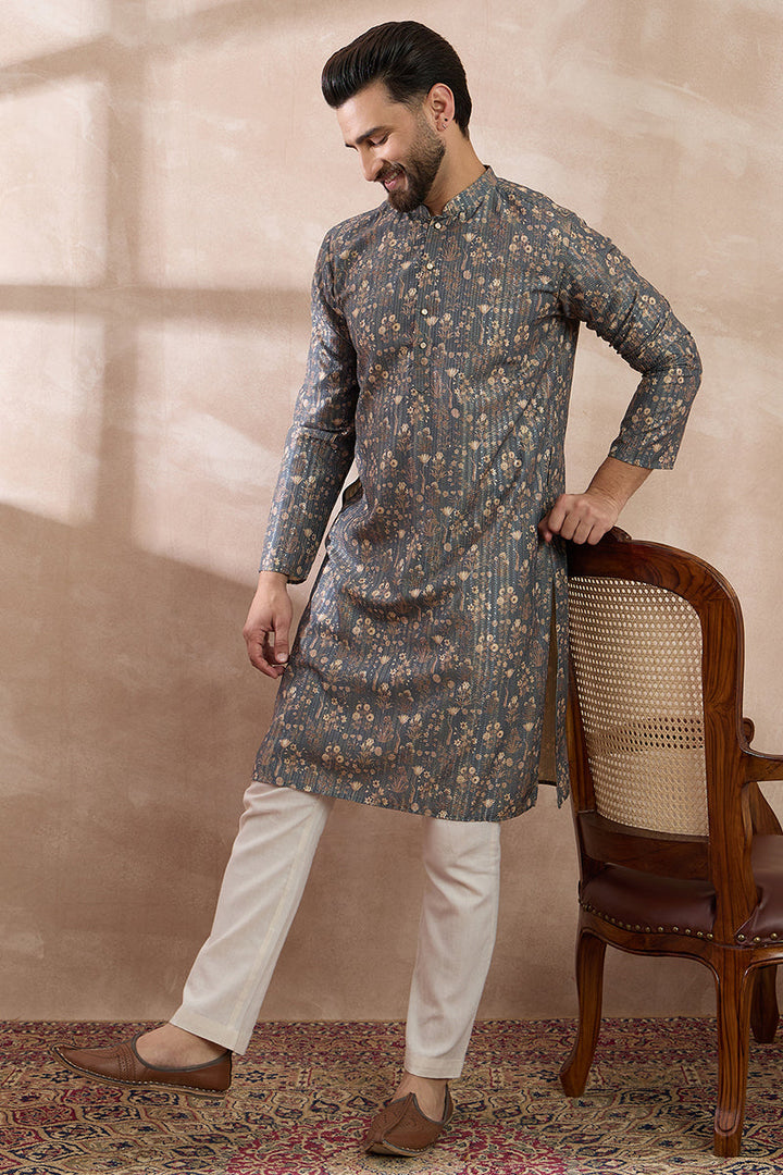 Grey Silk Blend Printed Mandarin Collar Straight Kurta For Men | SHOBITAM