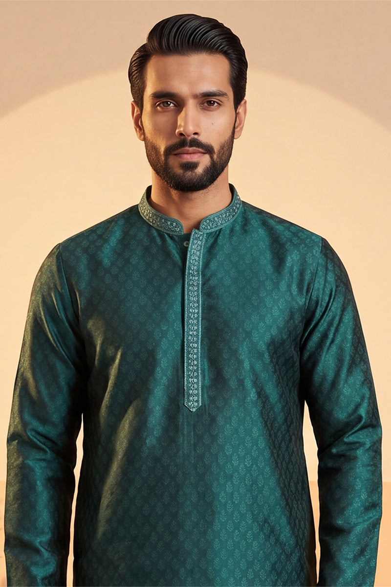 Mens Green Silk Blend Woven Design Straight Kurta With Trouser | SHOBITAM