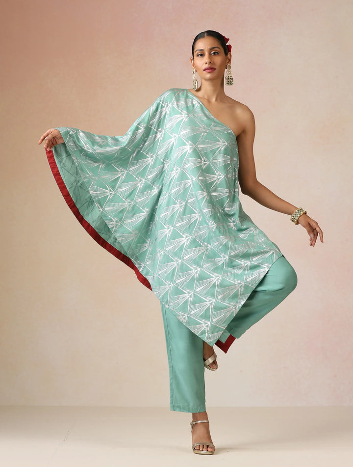 Mint Green Silver Foil Print Muslin Silk Asymmetric One-Shoulder Kurta Co-ord Set | SHOBITAM
