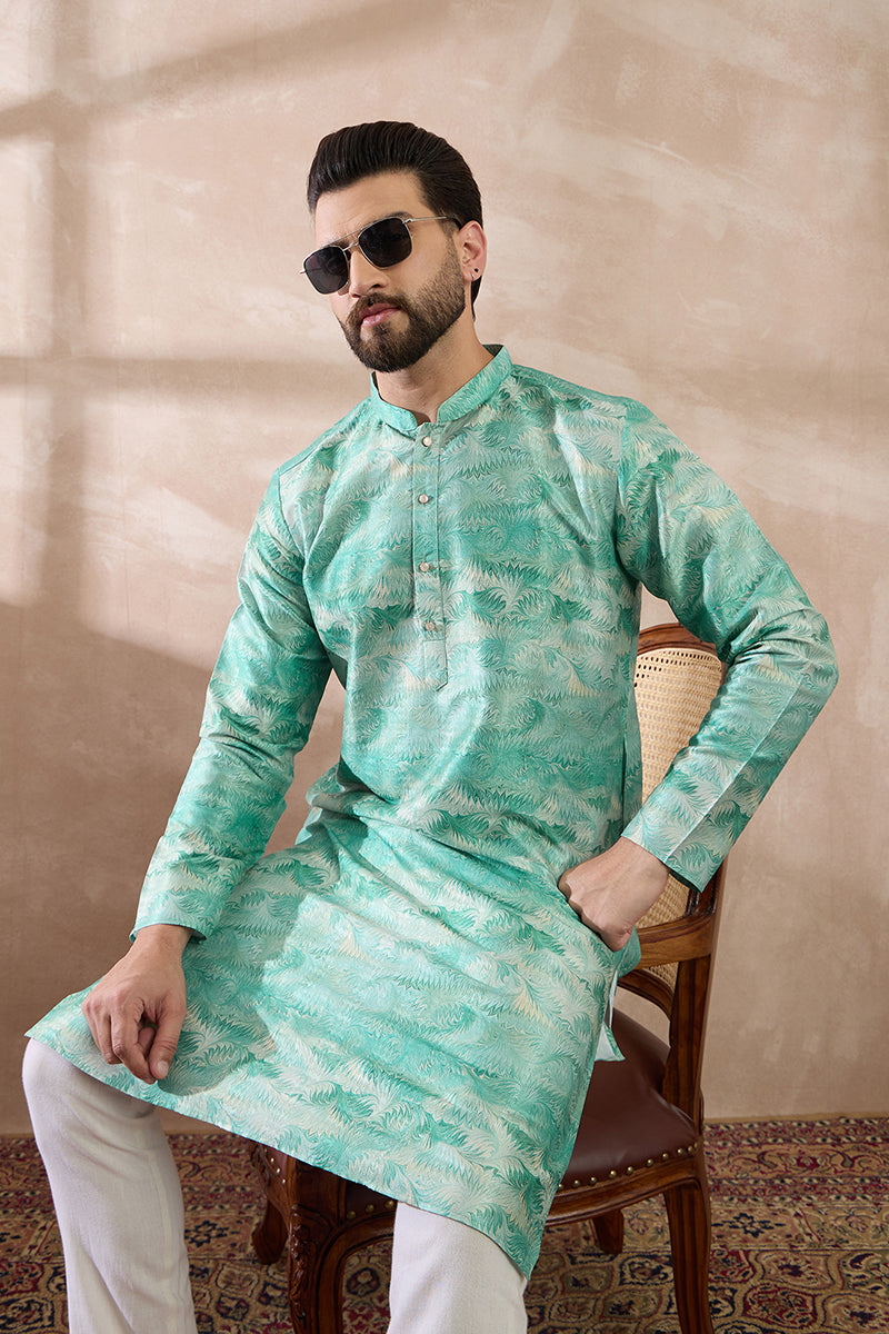 Green Silk Blend Printed Mandarin Collar Straight Kurta With Trouser | SHOBITAM