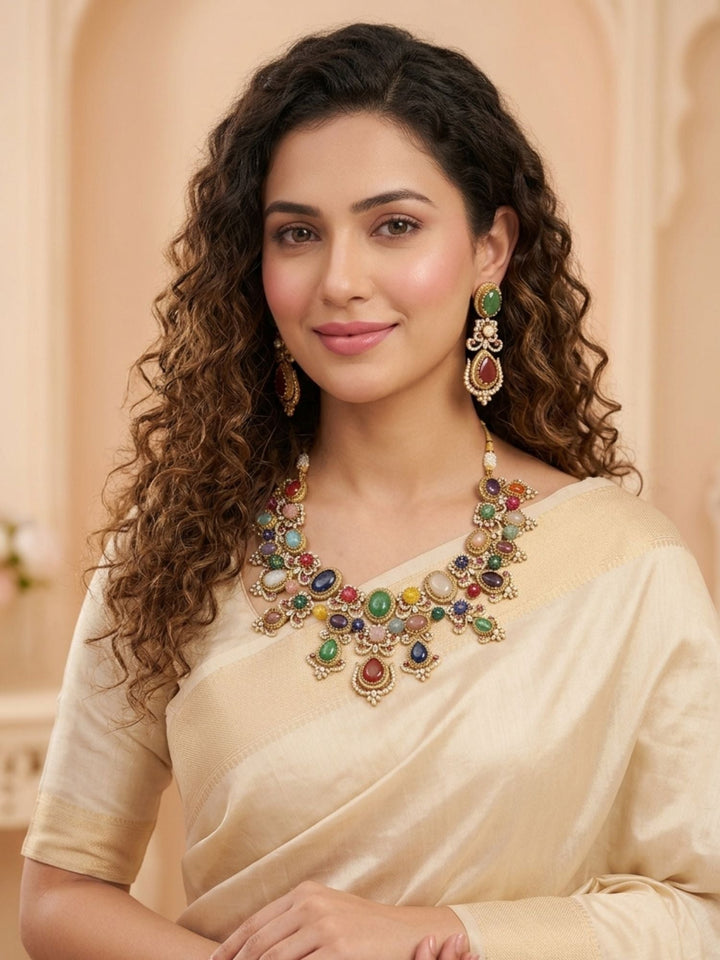 Multicolour Navratna Kundan Statement Necklace Set with Earrings | Shobitam