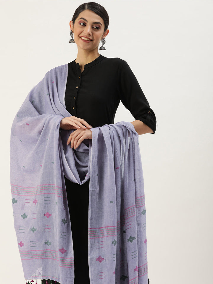 Handcrafted Jamdani Cotton Dupatta with tassels- NEW! | SHOBITAM