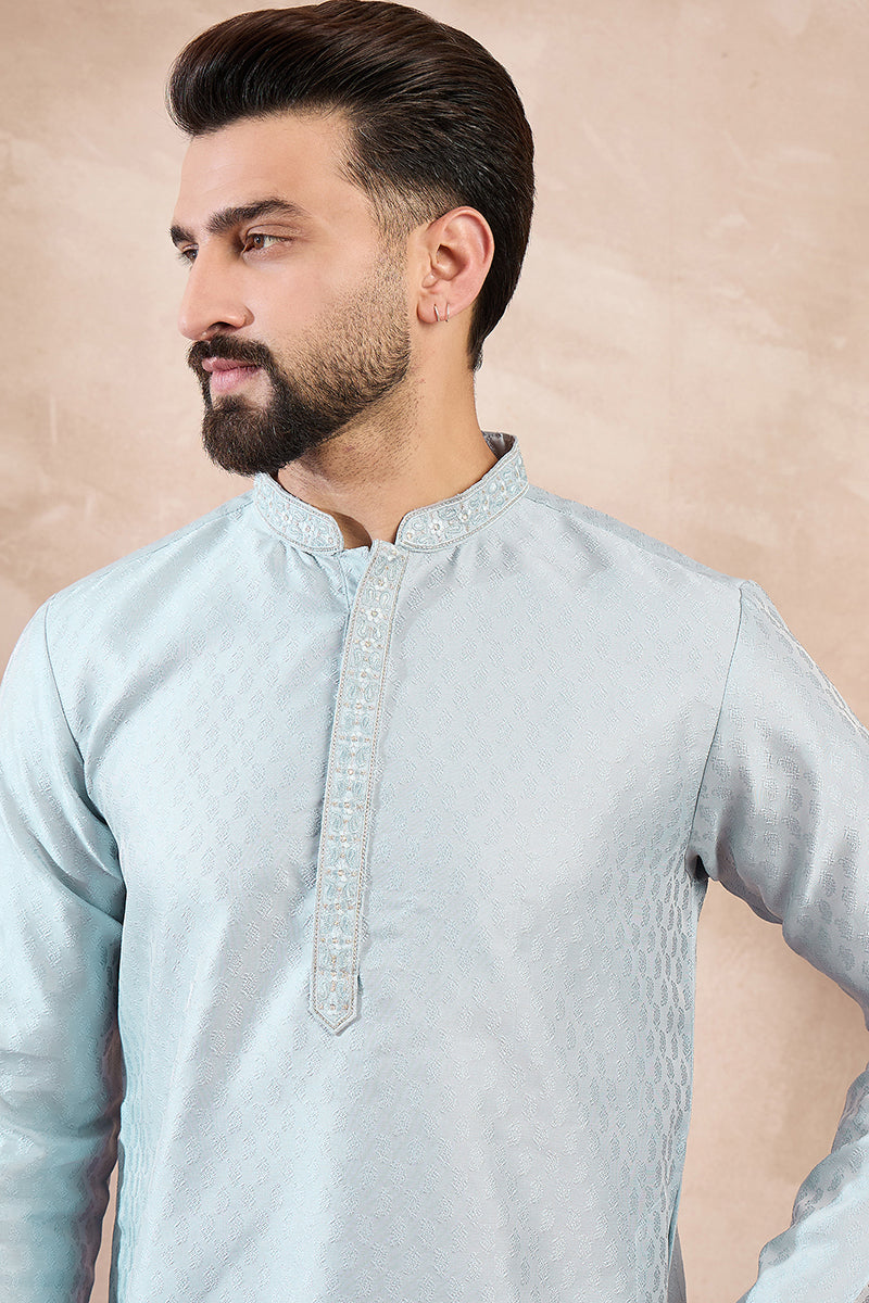 Blue Silk Blend Solid Woven Design Straight Kurta With Trouser | SHOBITAM