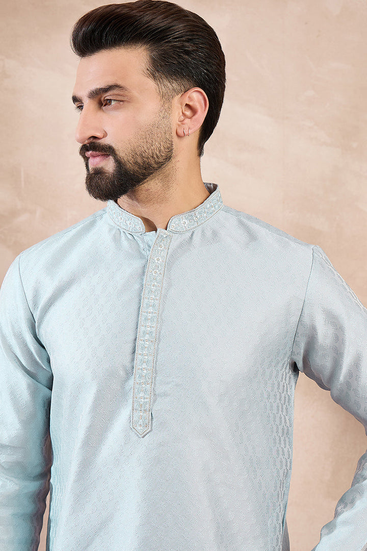 Blue Silk Blend Solid Woven Design Straight Kurta With Trouser | SHOBITAM