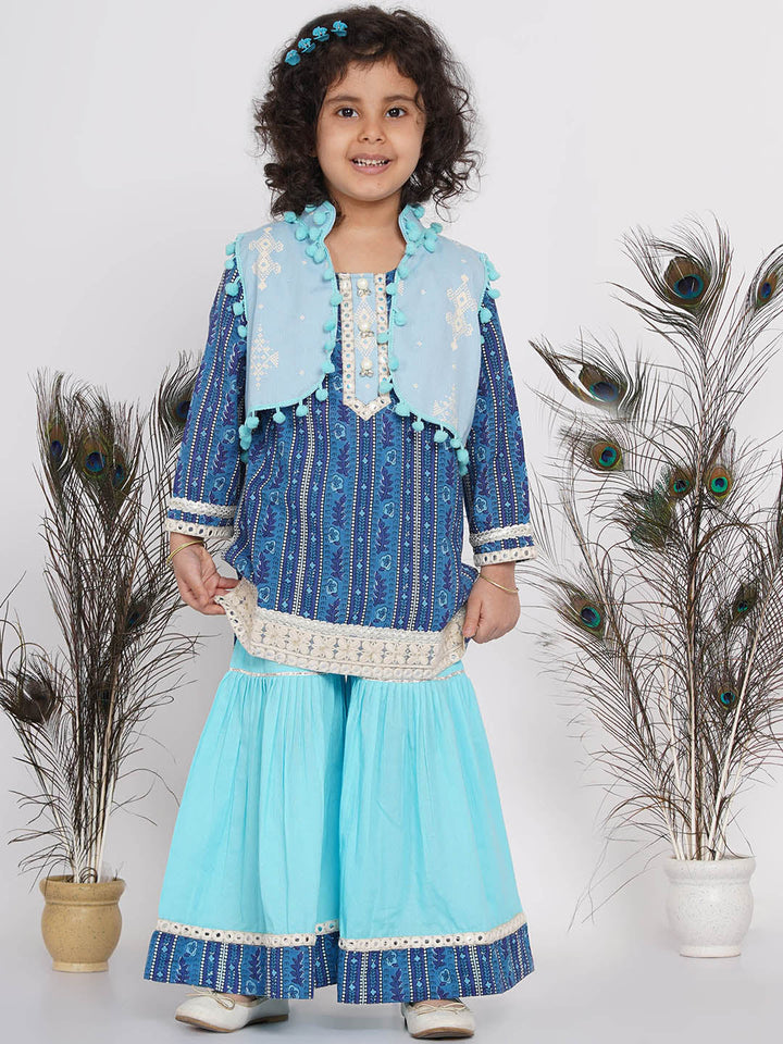 Girls Floral Print Kurta with Lace work and Sharara with pom pom jacket |SHOBITAM