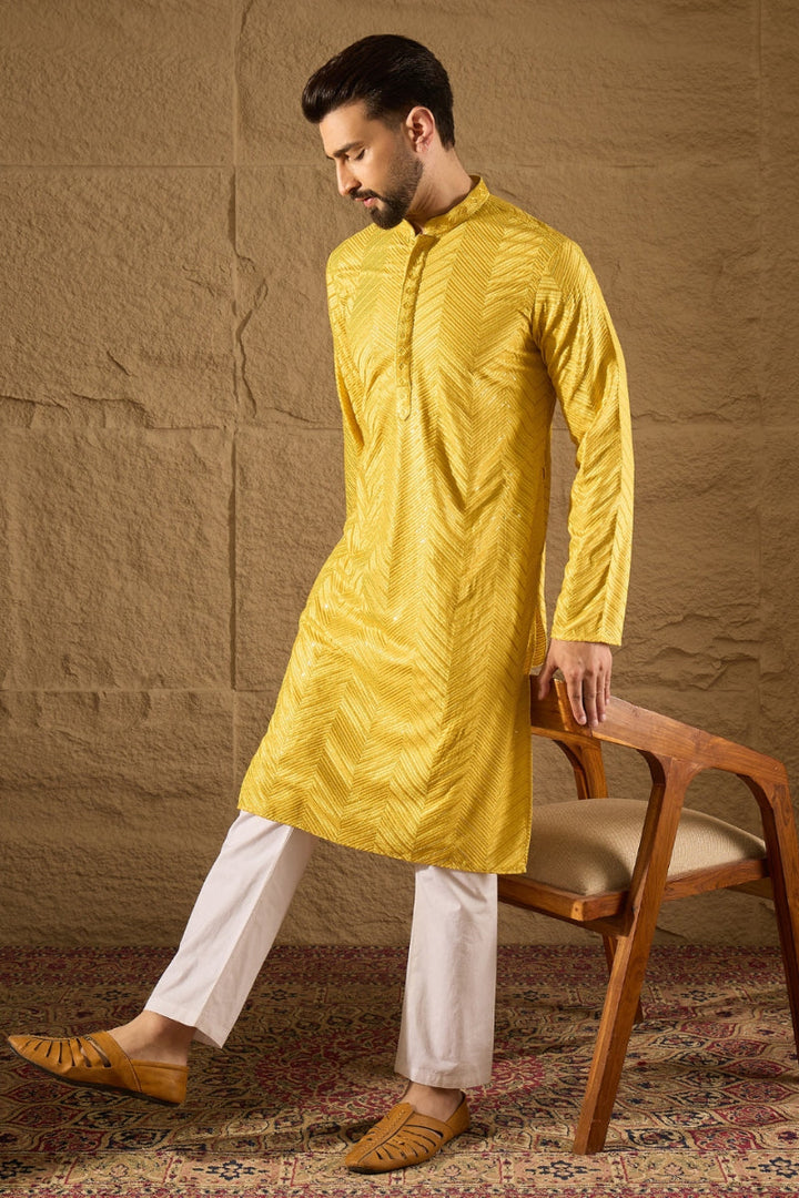 Yellow Viscose Rayon Solid Embroidered Straight Kurta | SHOBITAM