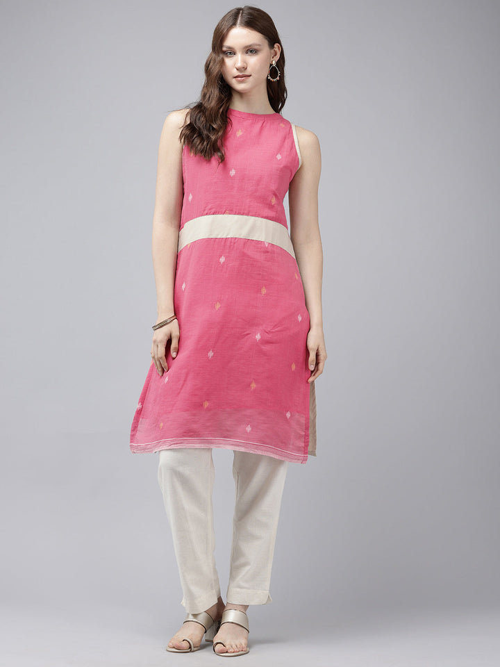 Pink & Cream Handloom Cotton Kurta | SHOBITAM