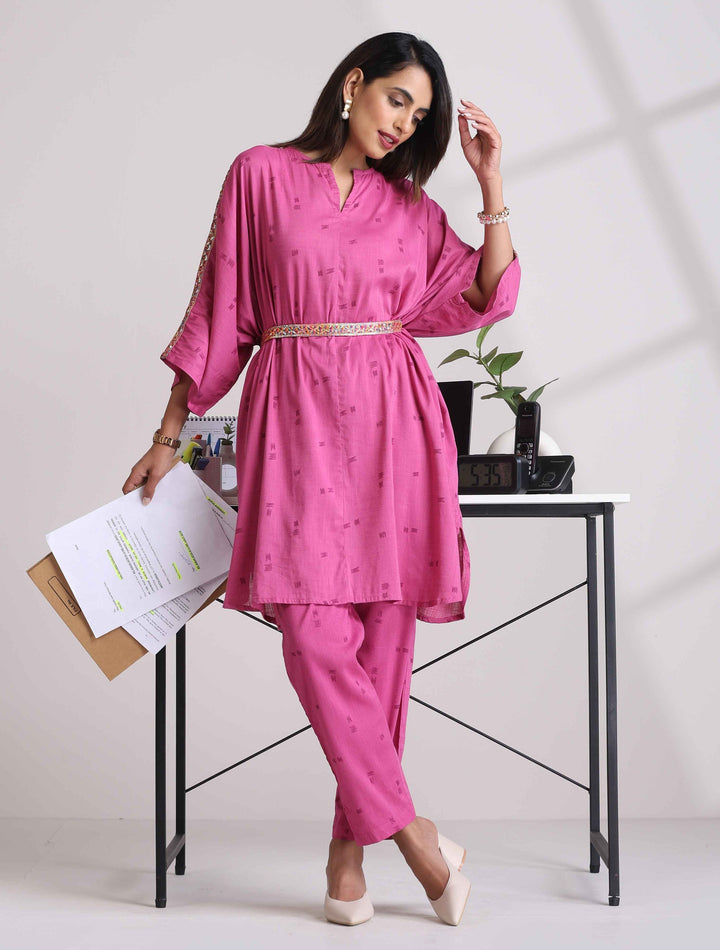 Pink Print Kaftan Kurta Co-ord Set | SHOBITAM