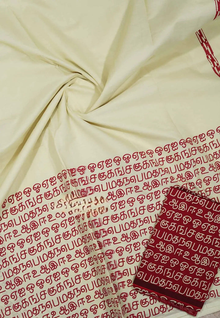 Preorder : Mozhi Tamil handblock print off-white Saree in Bamboo Cotton | SHOBITAM