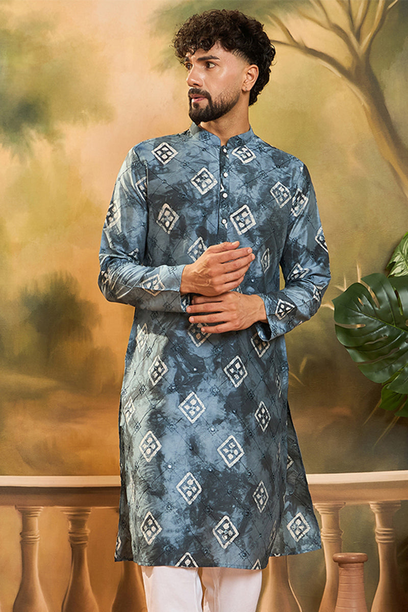 Blue Silk Blend Batik Embroidered Straight Kurta with Trouser | SHOBITAM