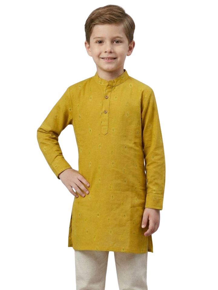 Boys Mustard Yellow Cotton Kurta Set with Geometric Ikat Motif | SHOBITAM