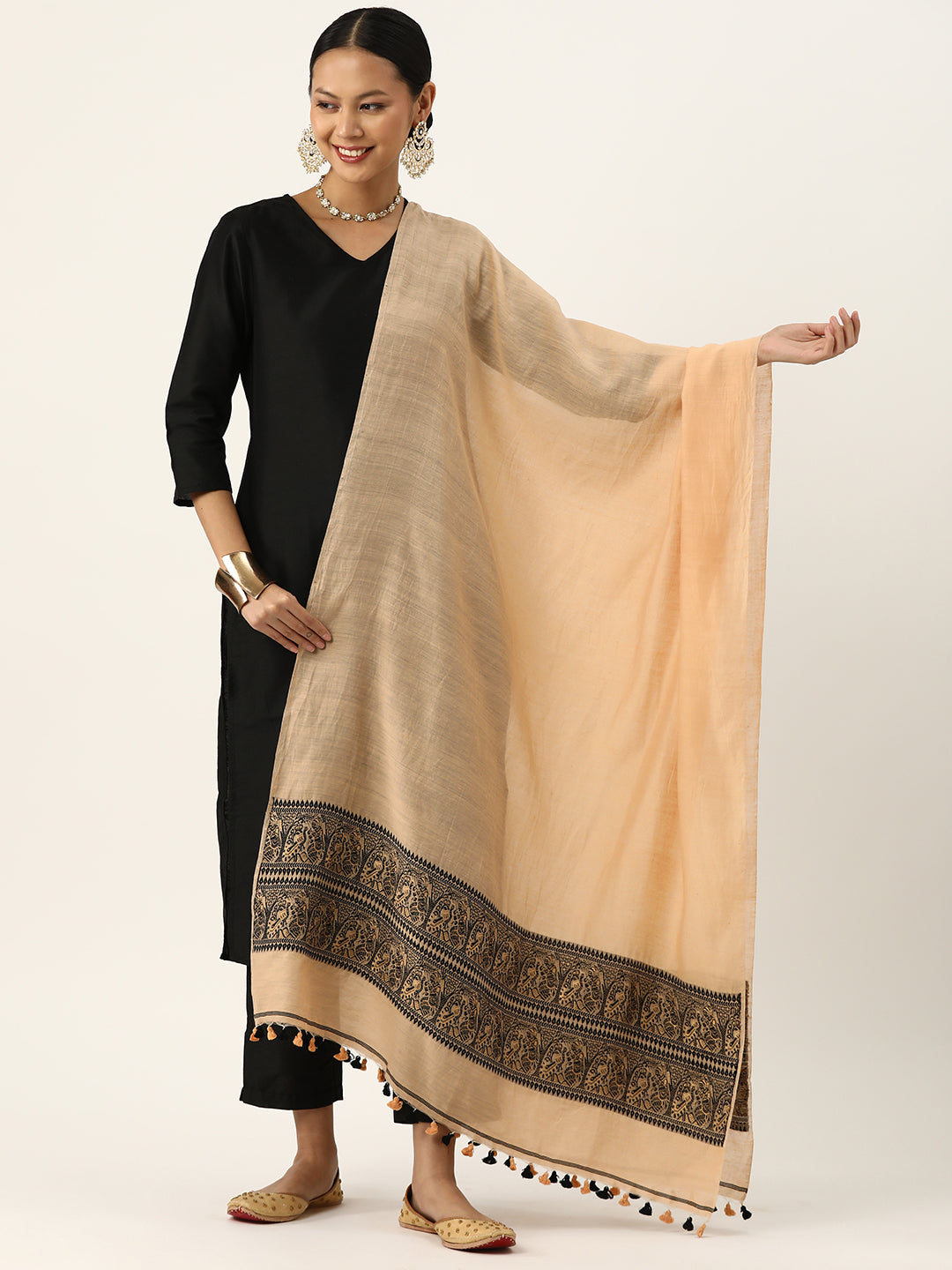 Beautiful Beige & Black Baluchari Silk Cotton Dupatta | SHOBITAM