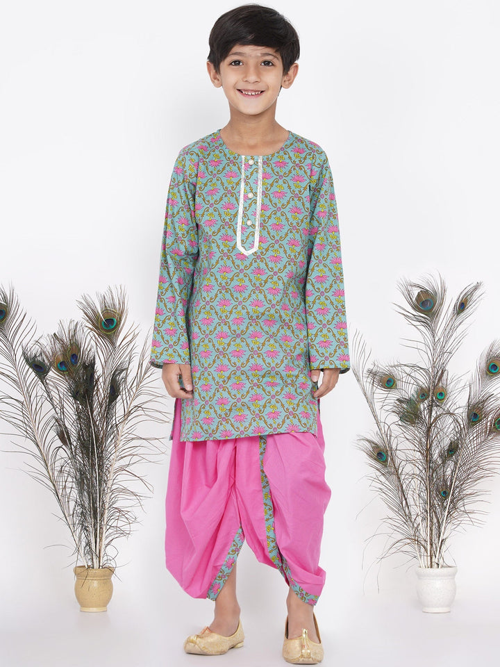 Boys Floral Kurta with Pearl Buttons and Dhoti in Blue and Pink  | SHOBITAM