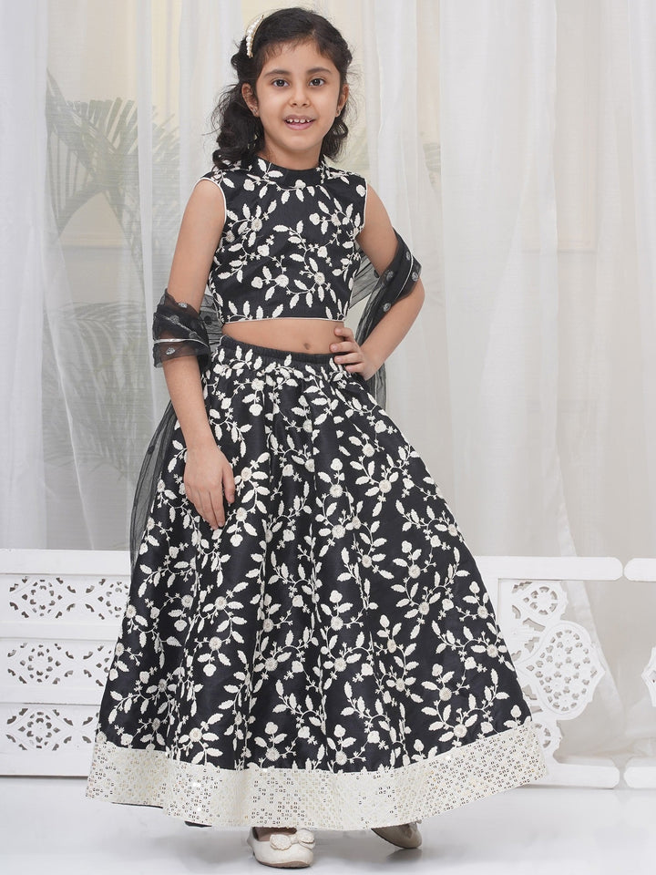 Girls Silk Brocade Floral Thread Work Lehenga with Blouse & Dupatta - Black | SHOBITAM