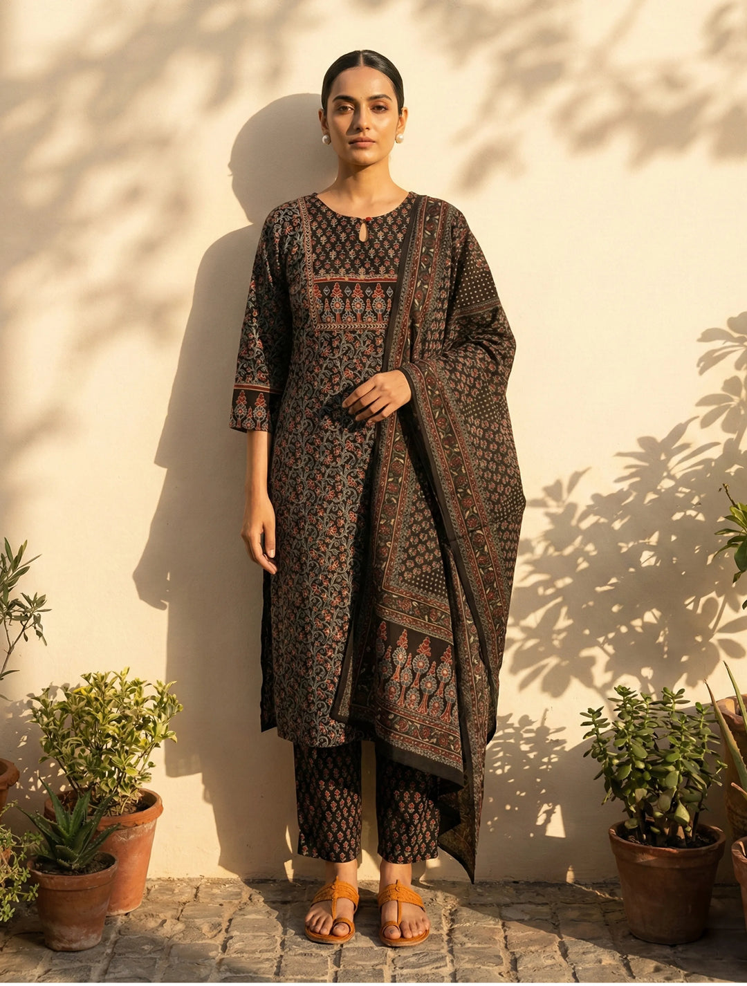 Black Floral Print Straight Kurta Pant Dupatta Set | SHOBITAM